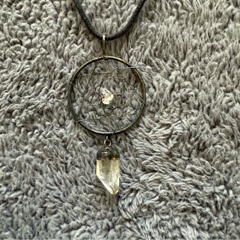 Silver Dreamcatcher Adjustable Necklace with Quartz Crystal Pendant